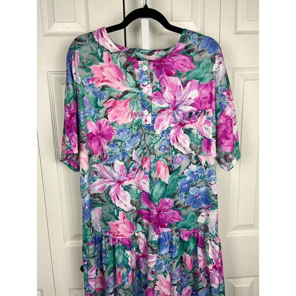 90s Village Flair Tropical Floral Drop Waist Nightgown House Dress Muu Muu XL - Picture 4 of 6
